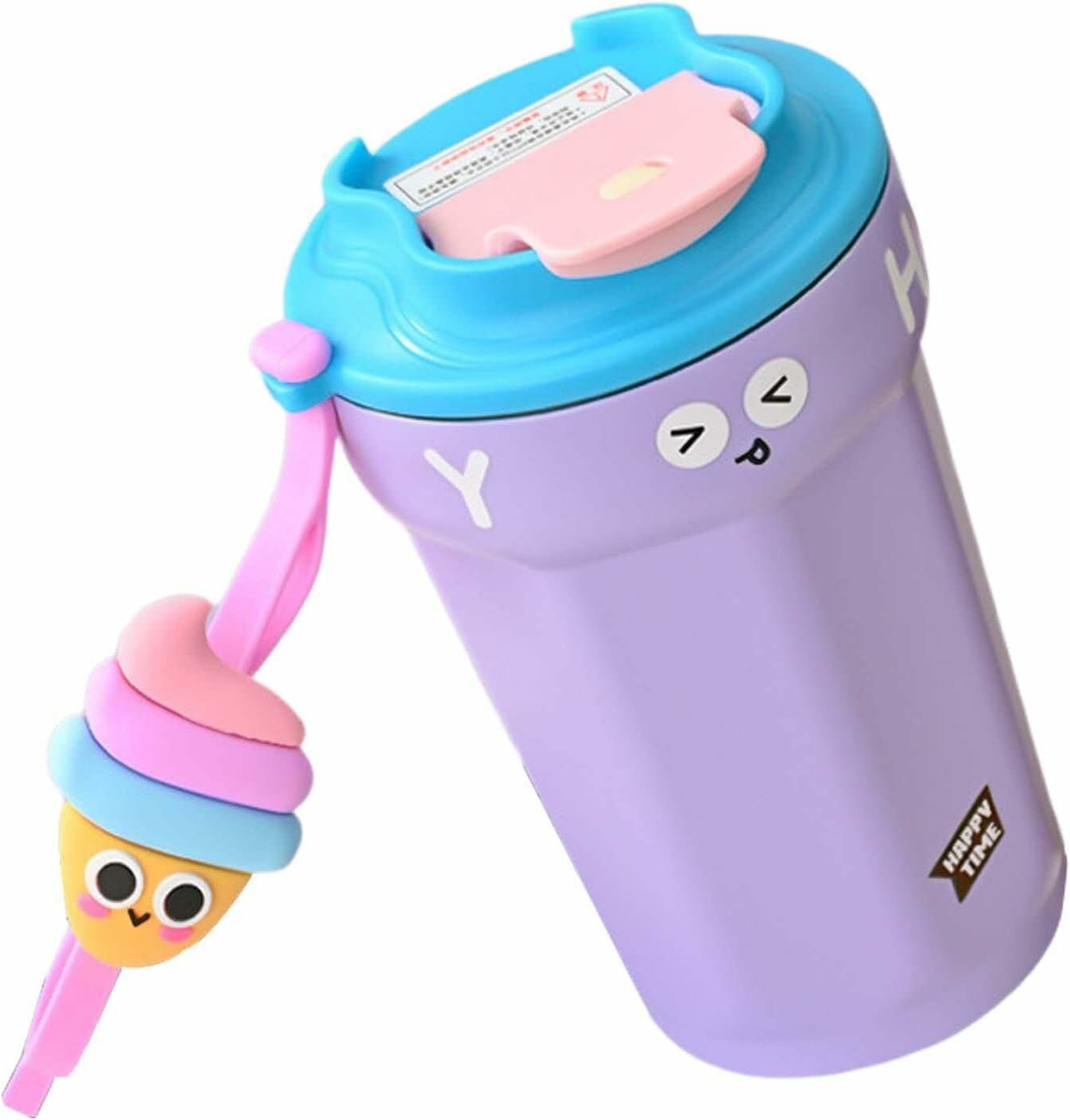 Термокружка для кофе фиолетовая с ремешком и игрушкой, 450мл - фотография № 2