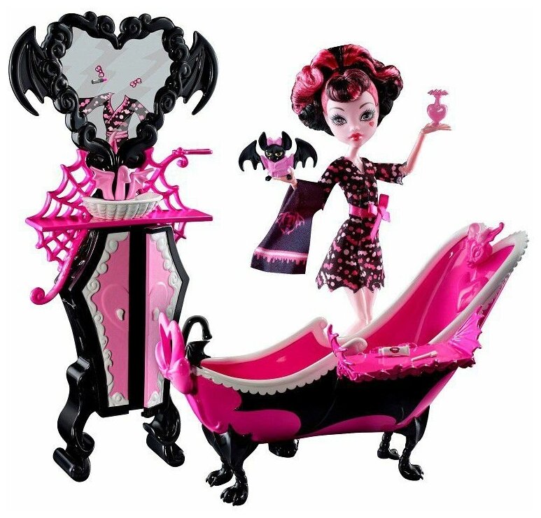 Набор Monster High Дракулаура с питомцем и ванная комната, 27 см, X4496