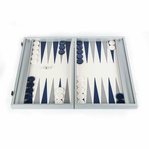 Нарды Manopoulos BACKGAMMON с боковыми стойками, отделка синяя эко-кожа, фон белый, рисунок синий и голубой, ручная работа, 48x30 см