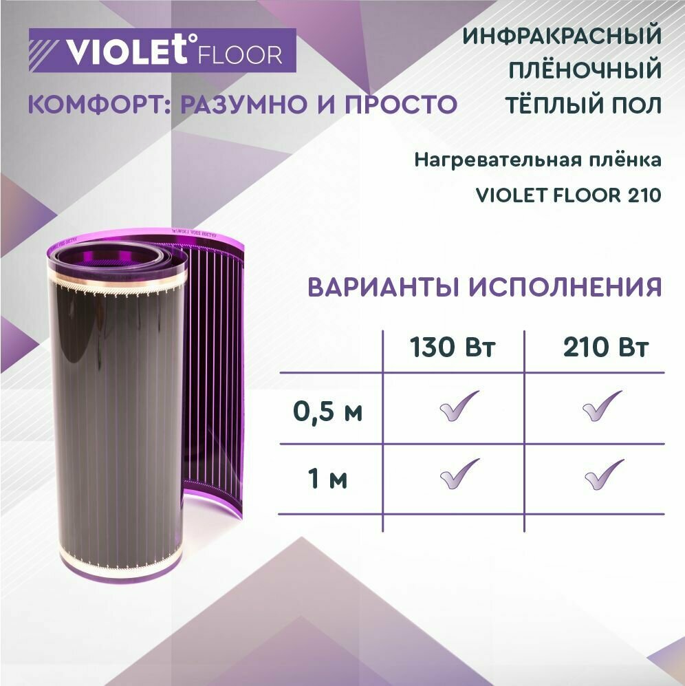 Теплый пол электрический пленочный инфракрасный VIOLET FLOOR 210, 5 м2, шир. 0,5 м - фотография № 4