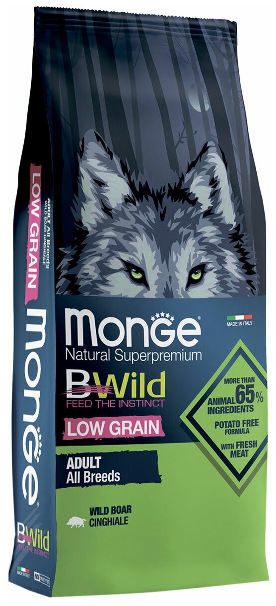 Сухой корм для собак Monge BWILD Feed the Instinct Low Grain Dog Adult Wild Boar, дикий кабан, 2 шт х 12 кг