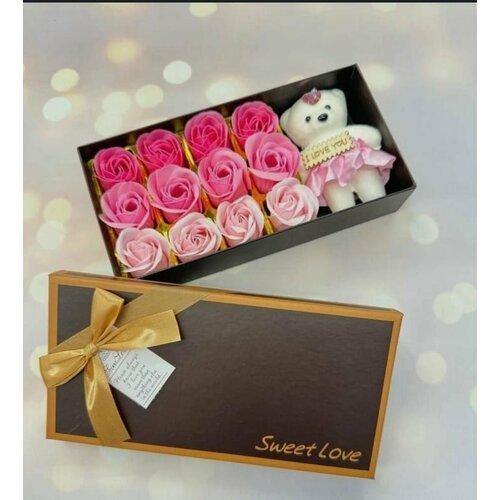 Подарочный набор Мыльных роз с Мишкой набор мыльных роз синих 10шт в коробке 6962316