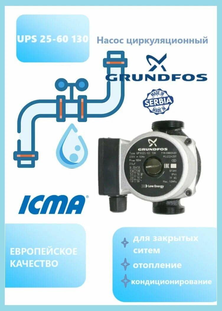 Насос ICMA "Grundfos", 25/60, монтажный размер 130 мм, 3 скорости