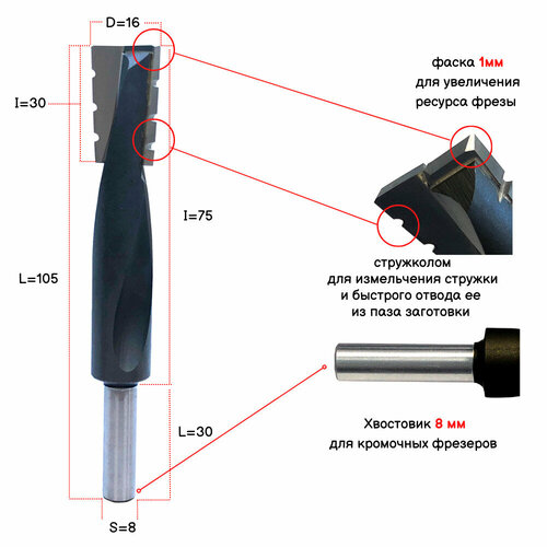 Фреза под замок D-16x30x75x105 S-8 Z2 стружколом TOPVOLTAGE 115817 цанга 8 мм для кромочных фрезеров