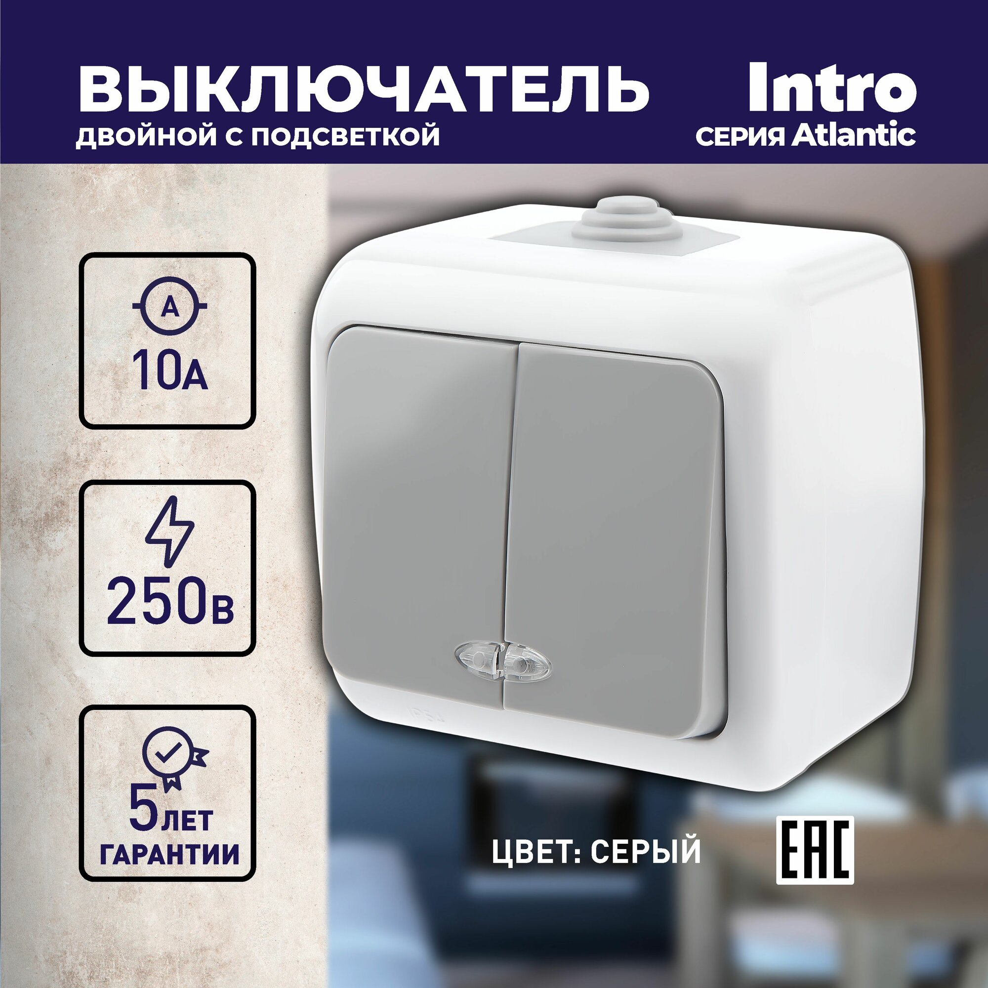 фото Выключатель Intro Atlantic 5-105-03 двойной с подсветкой, 10А-250В, IP54, открытой установки, серый
