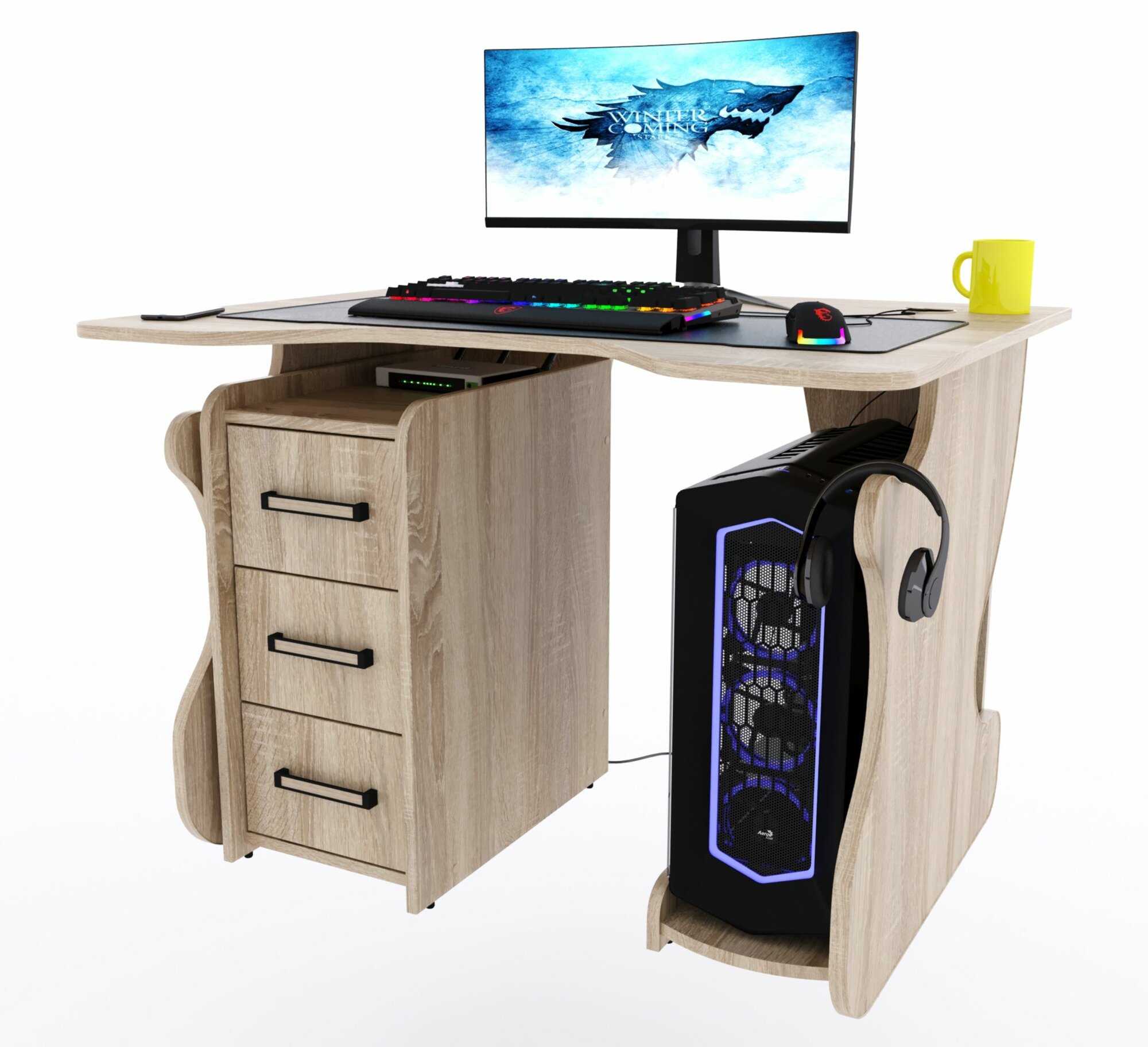 фото Игровой компьютерный стол "Даги" с тумбой, 100x80x75 см, чёрный с оранжевой кромкой