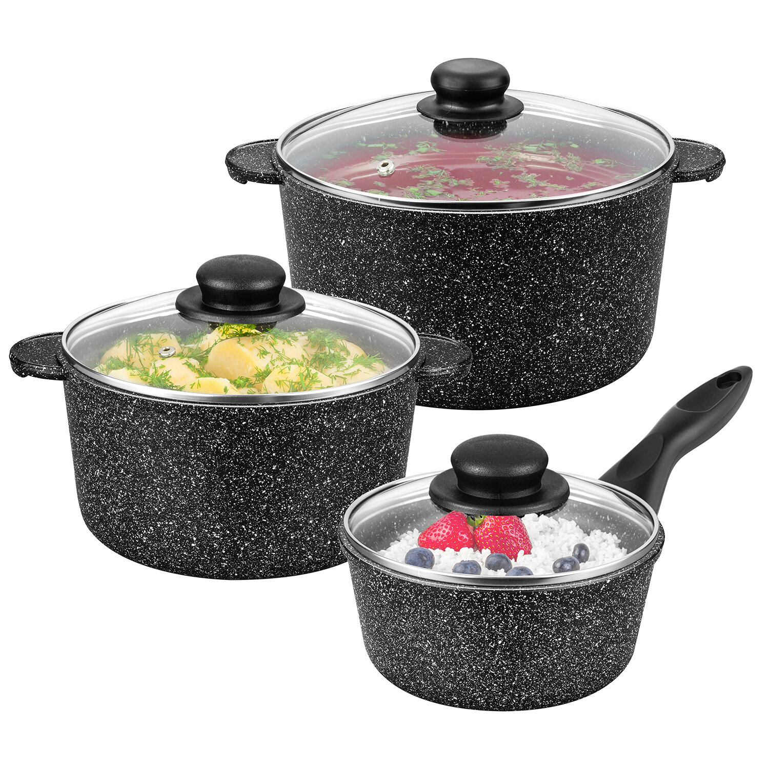 Набор 6 пр. Elan Gallery гармония вкуса Черный мрамор Ковш 1,2 л, Кастрюля 3 л, Кастрюля 4 л с крышками — фото 1