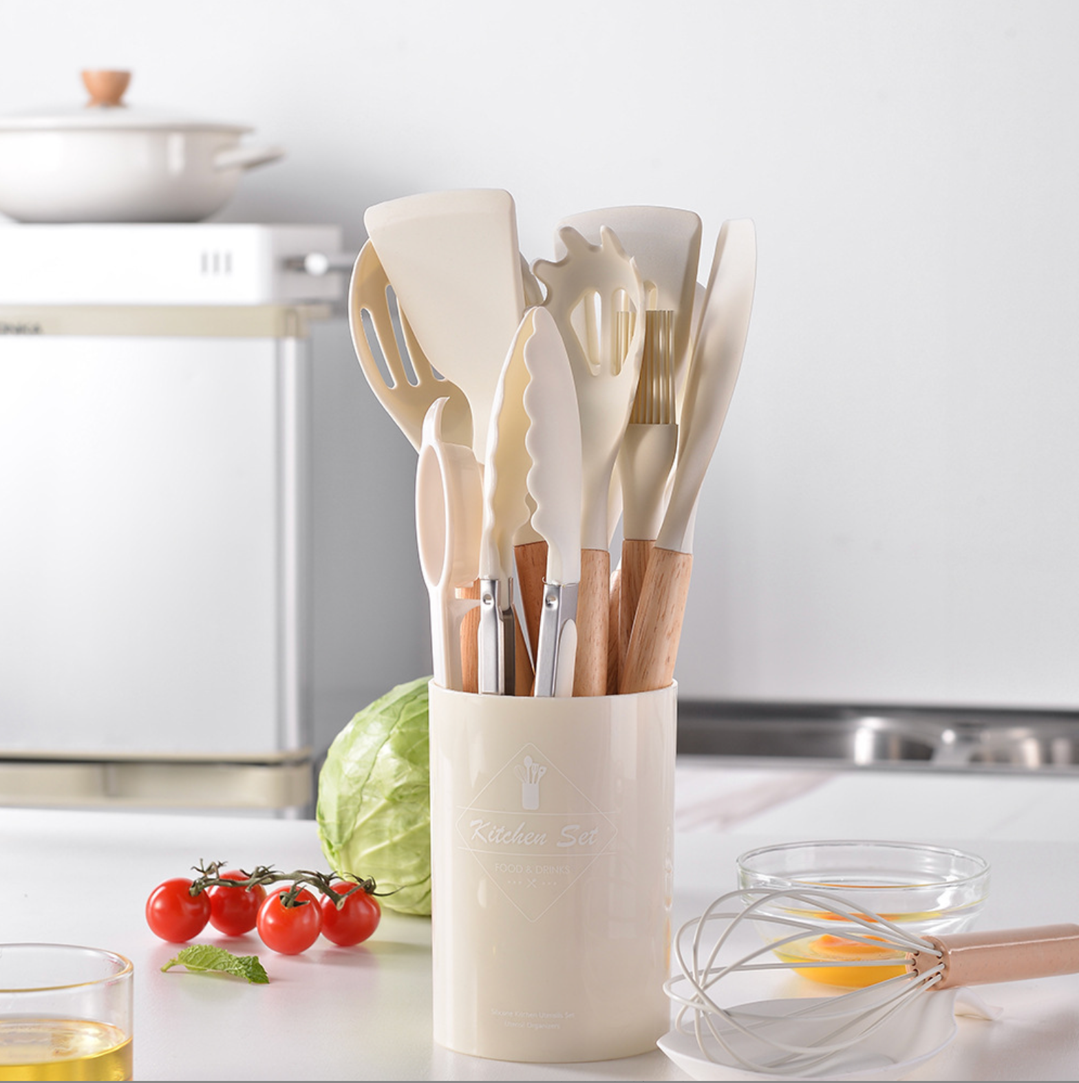 Набор навесок / кухонных принадлежностей Kitchen Set силикон (11 шт + подставка) бежевый