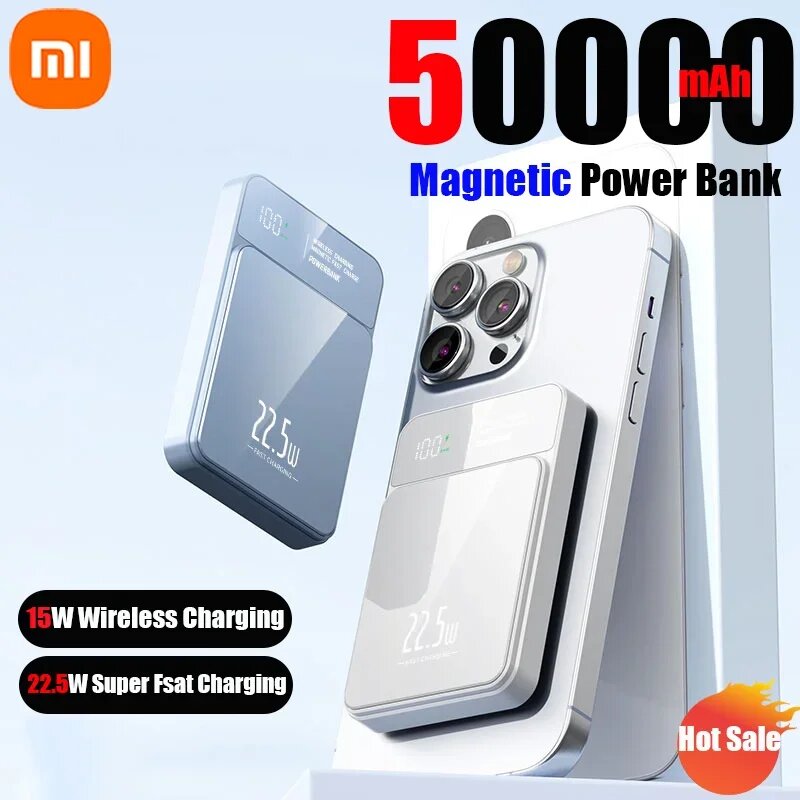 Xiaomi 50000 мАч Power Bank Магнитное беспроводное зарядное устройство Qi Magsafe 22,5 Вт Супер быстрая зарядка Powerbank для iPhone Samsung Huawei, Blue 50000mAh — фото 1