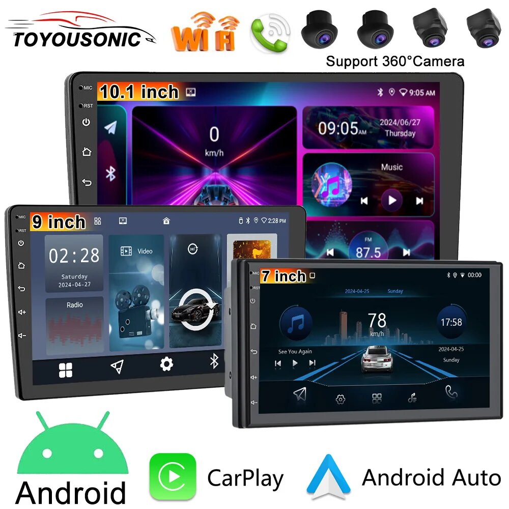 TOYOUSONIC 7/9/10 дюймов автомобильный радиоприемник Android Auto Carplay мультимедийный видеоплеер с поддержкой 360 камеры 2 din Android головное устройство без DVD, 9 6-128cp 360 — фото 1