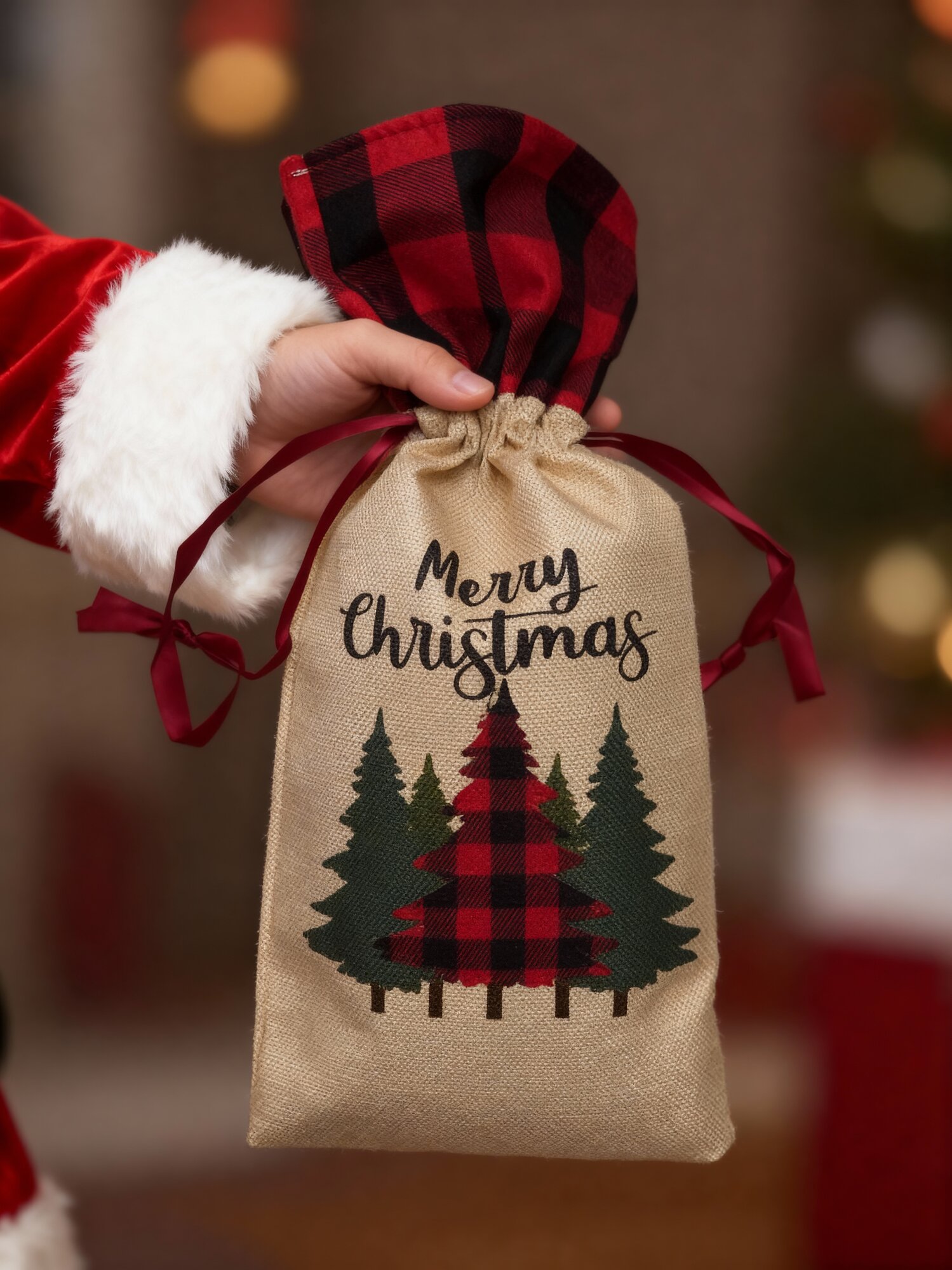 Новогодний подарочный текстильный мешок с ёлочками размер: 37*15 см