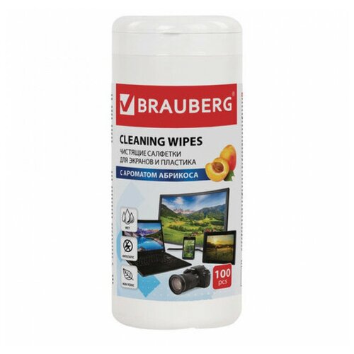 Салфетки для экранов всех типов и пластика BRAUBERG с ароматом абрикос, туба 100 шт, влажные, 513321