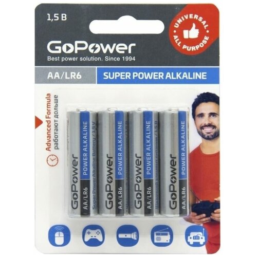 Батарейка GoPower LR6 AA BL4 Alkaline 1.5V 00-00015601 батарейка aa alkaline smartbuy lr6 one eco 2 шт