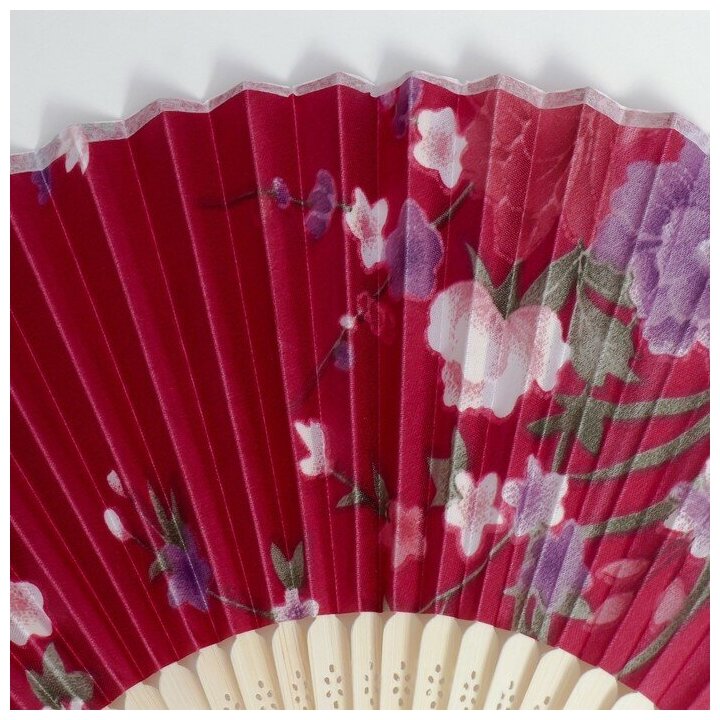 Веер бамбук, текстиль h=21 см "Цветы" с чехлом, бордовый - фотография № 3