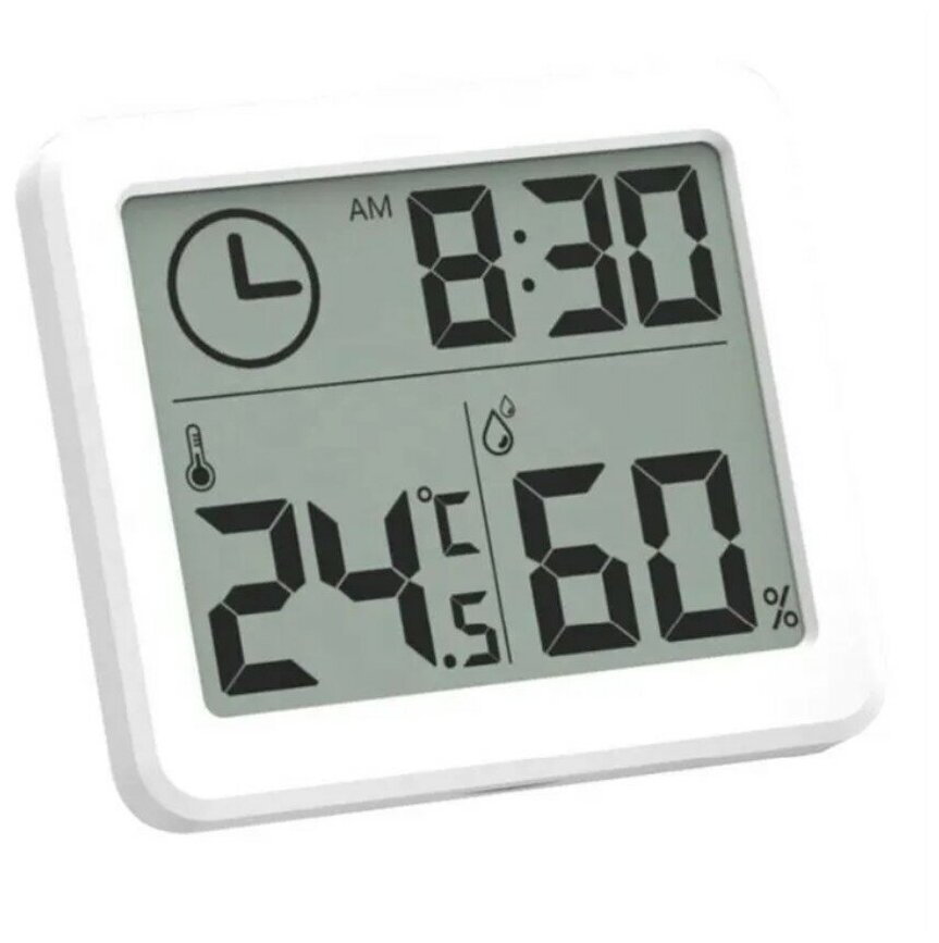Метеостанция с часами, электронный комнатный термометр с датчиком влажности, белый - фотография № 2