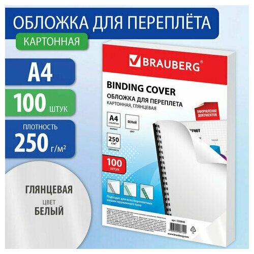 Обложки картонные для переплета, А4, глянцевые, 250 г/м2, белые, BRAUBERG, 530840