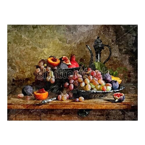 Постер Натюрморт с кувшином, виноградом, инжиром и персиком на деревянной столешнице 41см. x 30см.