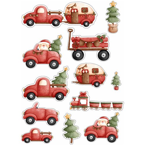 Наклейки стикеры для творчества новогодние. Машинки