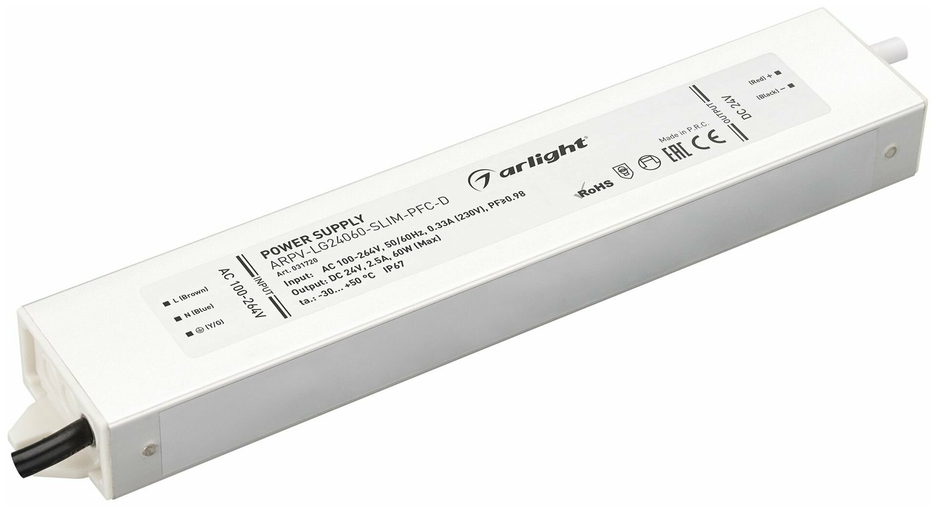 Блок питания ARPV-LG24060-SLIM-PFC-D (24V, 2.5A, 60W) (Arlight, IP67 Металл, 5 лет)