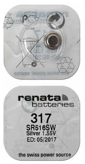 Батарейка Renata 317 10шт/Элемент питания рената 317 В10 (SR516SW)(без ртути) 10шт