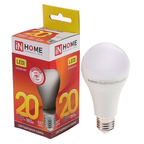 Лампа светодиодная IN HOME LED-A60-VC, Е27, 20 Вт, 230 В, 3000 К, 1900 Лм (1шт.)