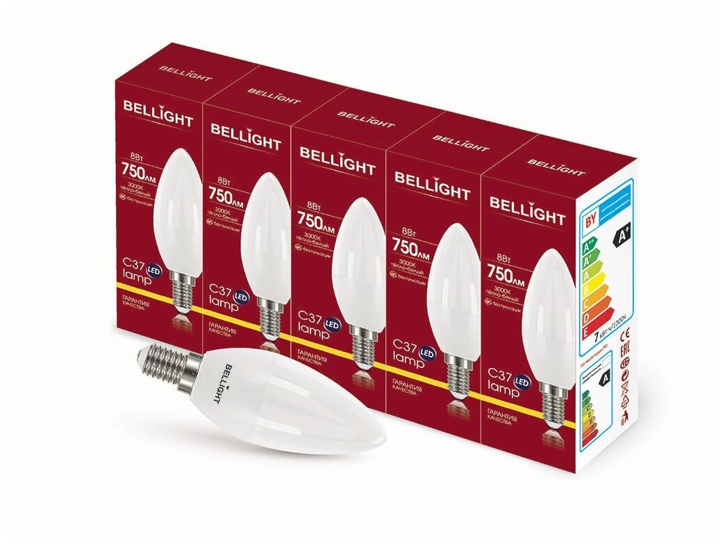 фото Светодиодная лампа Bellight, E14, 220-240 В, 8 Вт, свеча матовая, 750 лм, тёплый свет 3000к 5шт