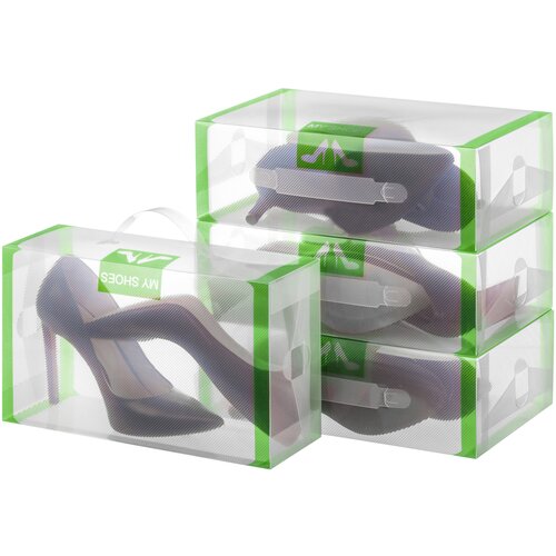 фото Набор 4-х коробок для хранения женской обуви 30х18х10 см el casa салатовая кайма, складные, с ручкой