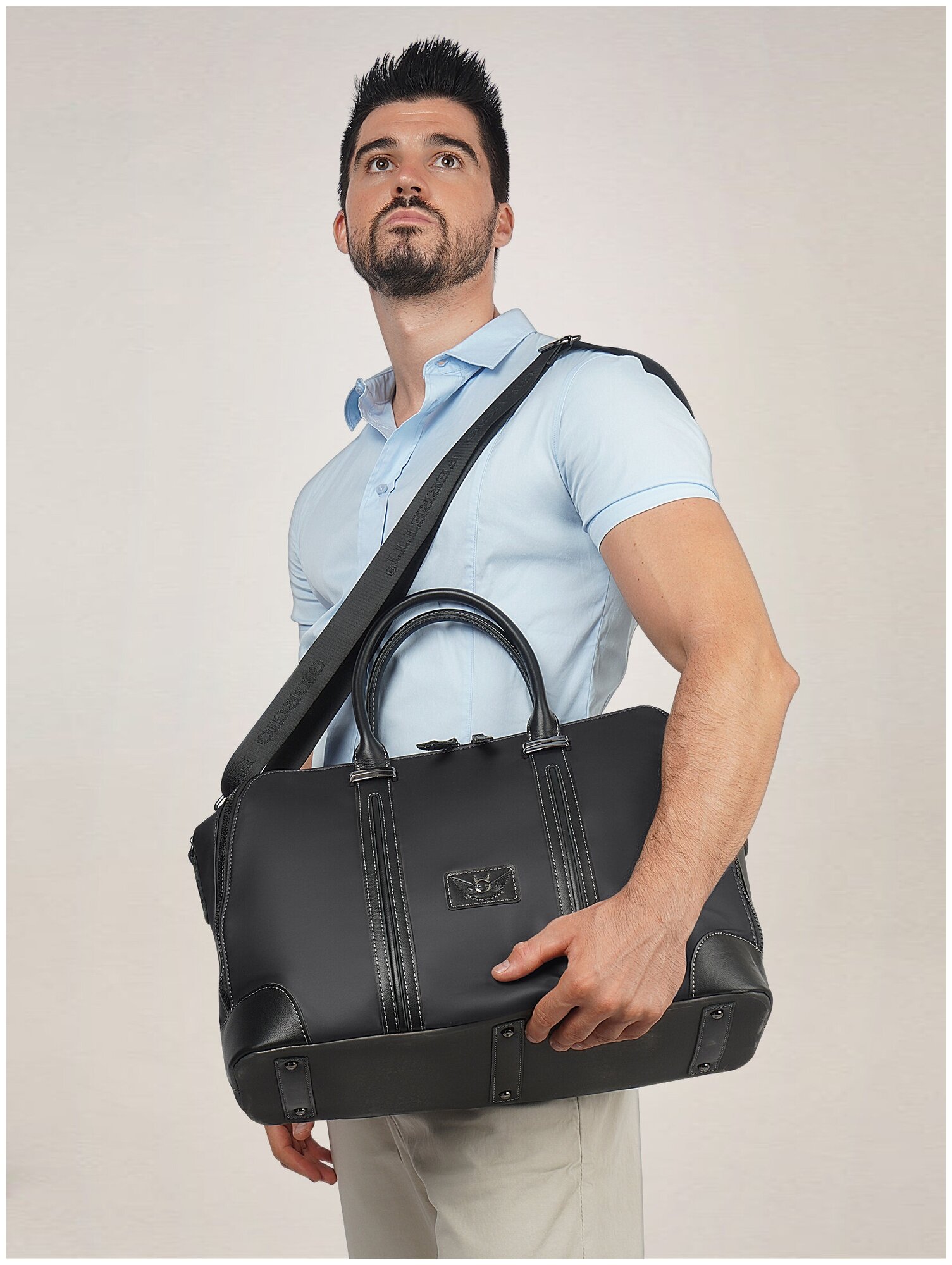 Надёжная мужская сумка со съемным ремнём, натуральная кожа 20%, высокопрочная ткань 80%, 2018958B - фотография № 4