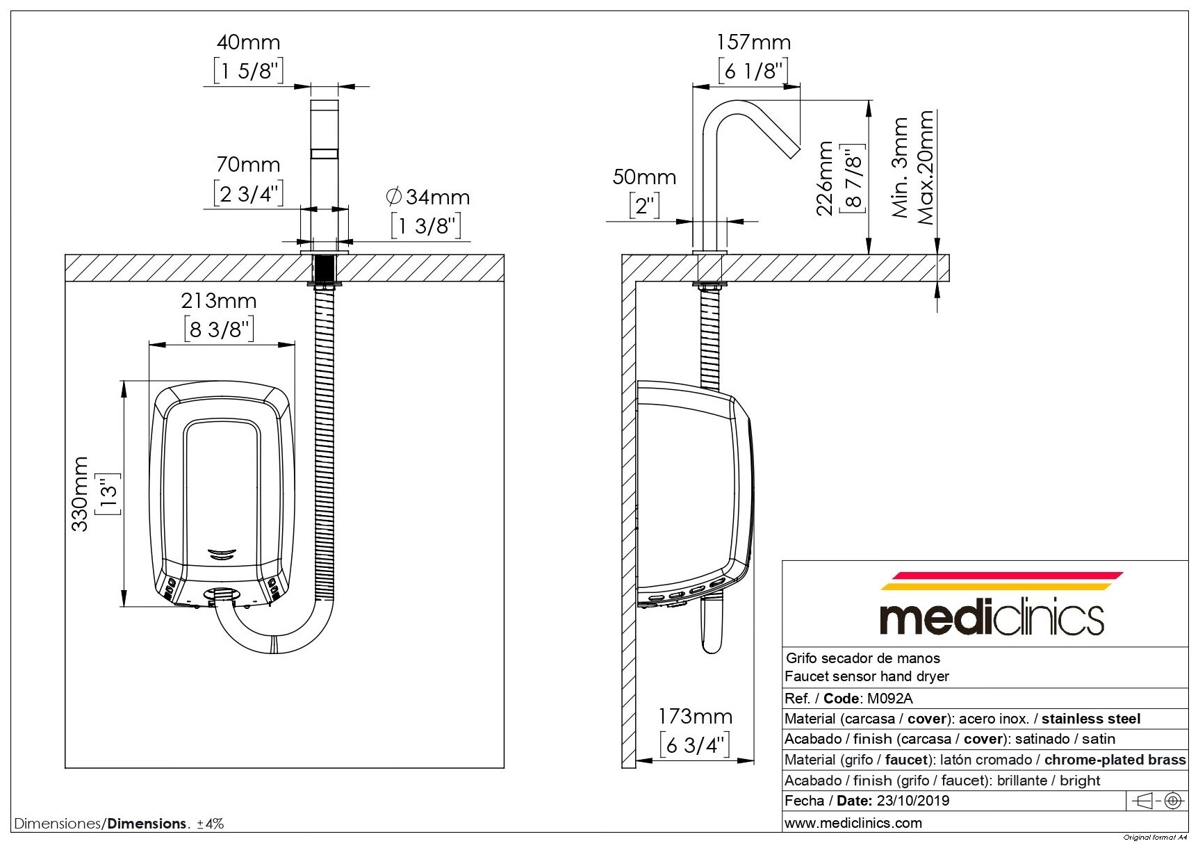 Cушилка для рук + кран для воды и дозатор жидкого мыла Mediclinics ALL-IN-ONE UCM092A, сенсорные, хромированная латунь, крепление на столешницу - фотография № 5