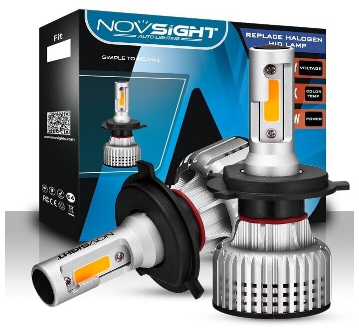 Светодиодная лампа Novsight N12Y H4 цоколь P43t 72Вт 2шт 3000К 10000Лм желтый свет LED автомобильная