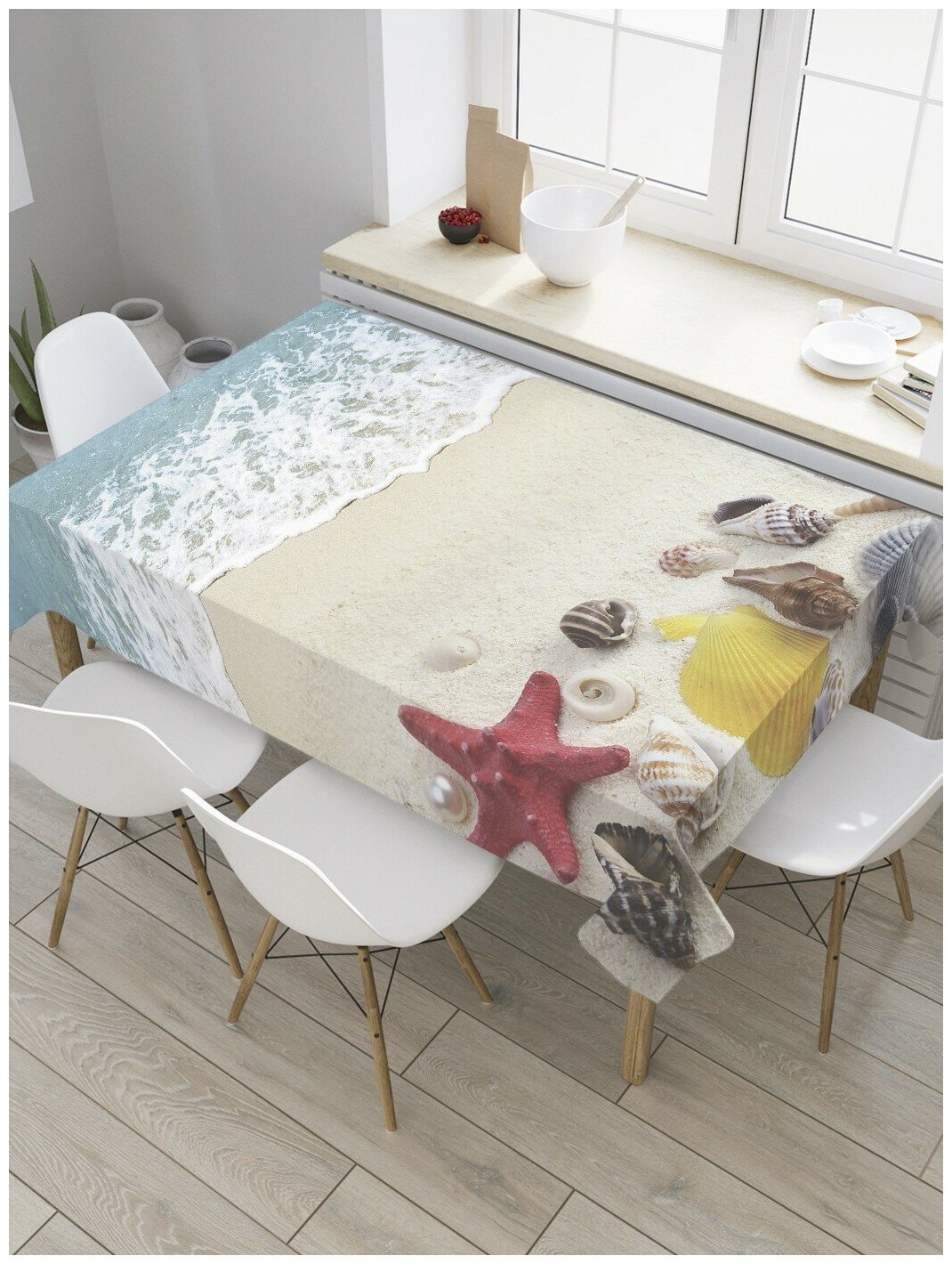 Скатерть прямоугольная JoyArty на кухонный стол "Ракушки на песке пляжа" из оксфорда, 180x145 см