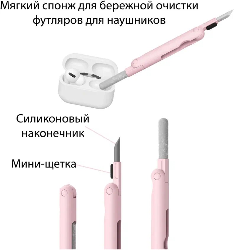 Многофункциональная щетка 7 в 1 для чистки наушников клавиатуры экрана телефонов и ноутбуков (Розовая)