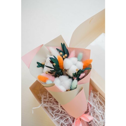 Долговечный букет сухоцветов Trava Decor цветы хлопок, лагурус, эвкалипт, лен, фаларис, подарочная упаковка 33*25*10см