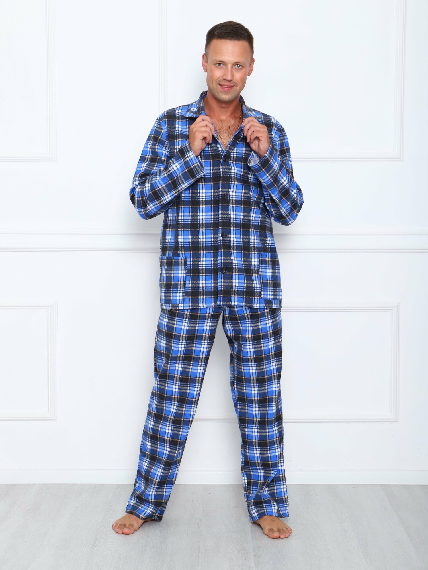 Пижама мужская в клетку из фланели,цвет голубой-60 - фотография № 2