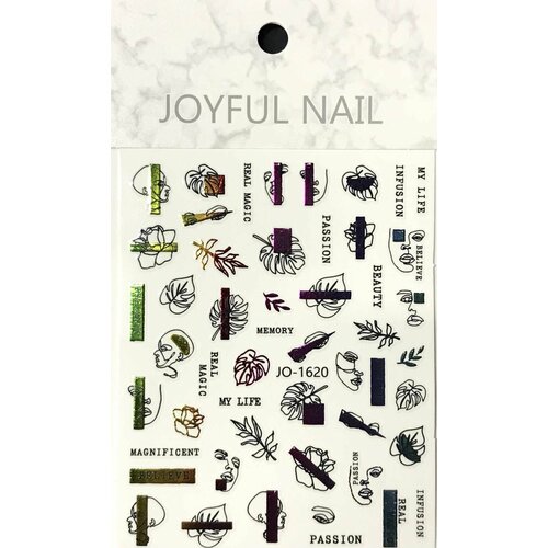 Наклейки для дизайна ногтей JOYFUL NAIL - листья растений, лица, цветные полоски, 1 упаковка