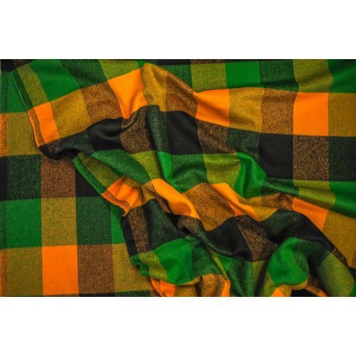 Ткань пальтовая шерсть в клетку зеленого, оранжевого и черного цвета