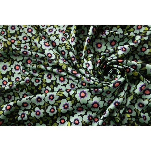 Ткань черный атлас с мятными цветочками