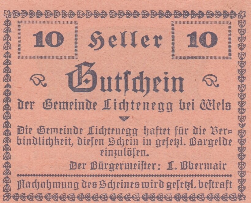 Австрия, Лихтенег 10 геллеров 1920 г.