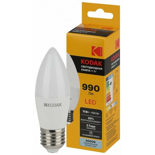 фото Kodak лампа светодиодн. свеча b35 e27 11w(990lm) 4000k 4k 110х37 170-265в b35-11w-840-e27 2 года 57633 (арт. 842772)