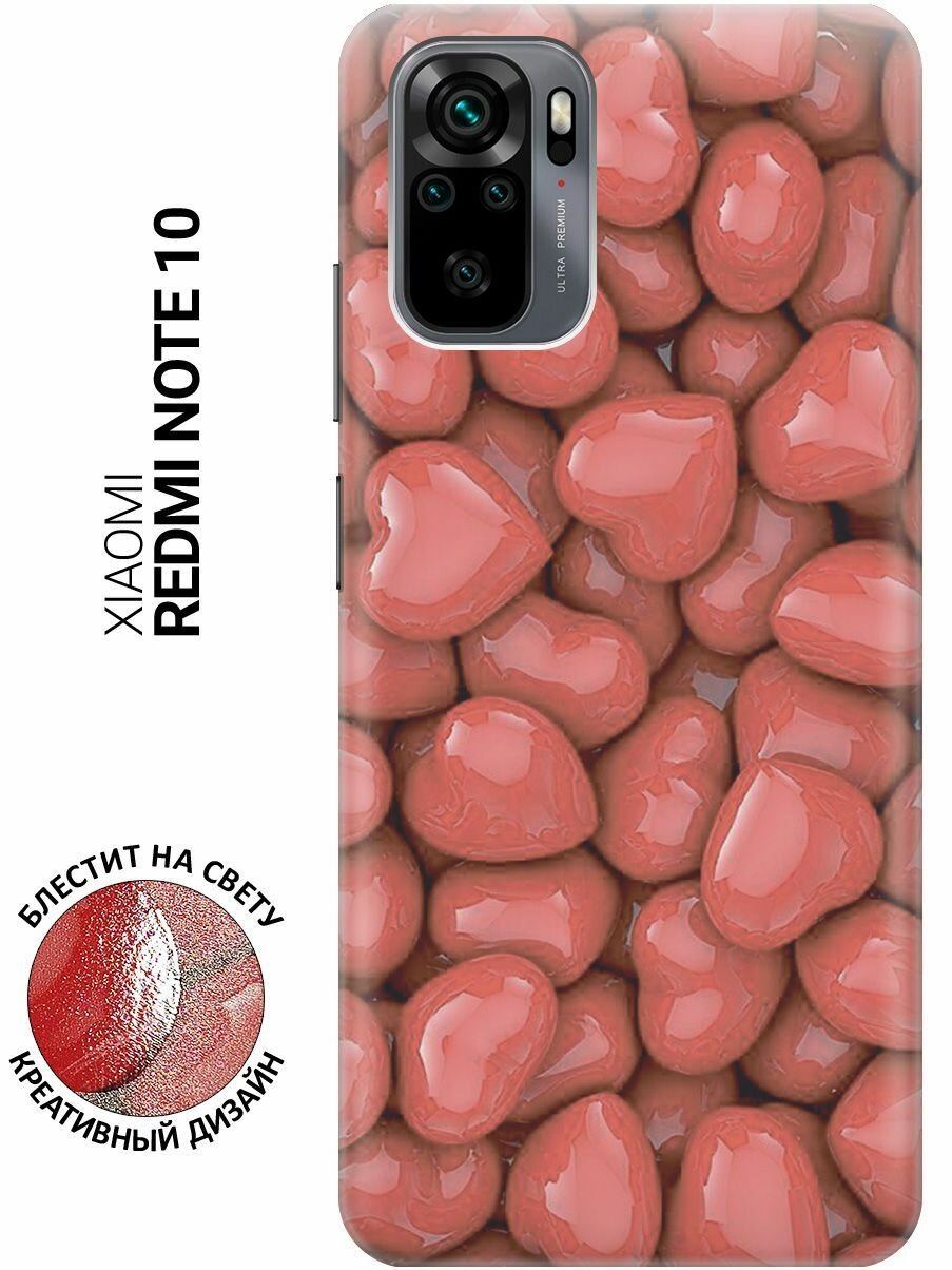 Силиконовый чехол на Xiaomi Redmi Note 10, Note 10S, Сяоми Редми Ноут 10, Ноут 10С с эффектом блеска "Красные сердечки"