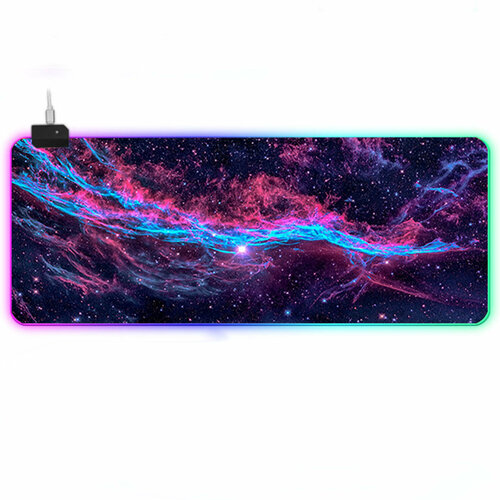 Игровой коврик для мыши с RGB подсветкой 800х300х4 мм, водоотталкивающее покрытие, 14 режимов, коврик для клавиатуры и мыши с принтом космос. белый, зеленый, фиолетовый, красный, синий, розовый, голубой
