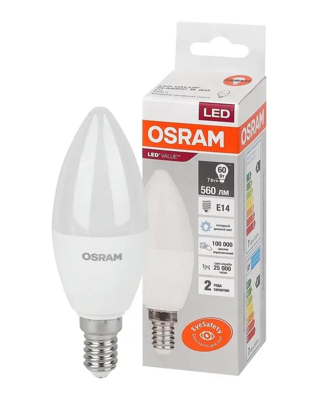 Лампочка светодиодная OSRAM Свеча B E14 7Вт 220В 560Лм 6500К Холодный белый упаковка 1шт