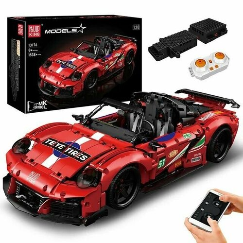 конструктор mould king 13155 оранжевый технический moc apollo ie super racing car 1669 деталей автомобиль с дистанционным управлением Конструктор Mould King 13176 Спорткар Porsche 911, 1538 деталь, Пульт дистанционного управления APP, мощность двигателя, Детские игрушки