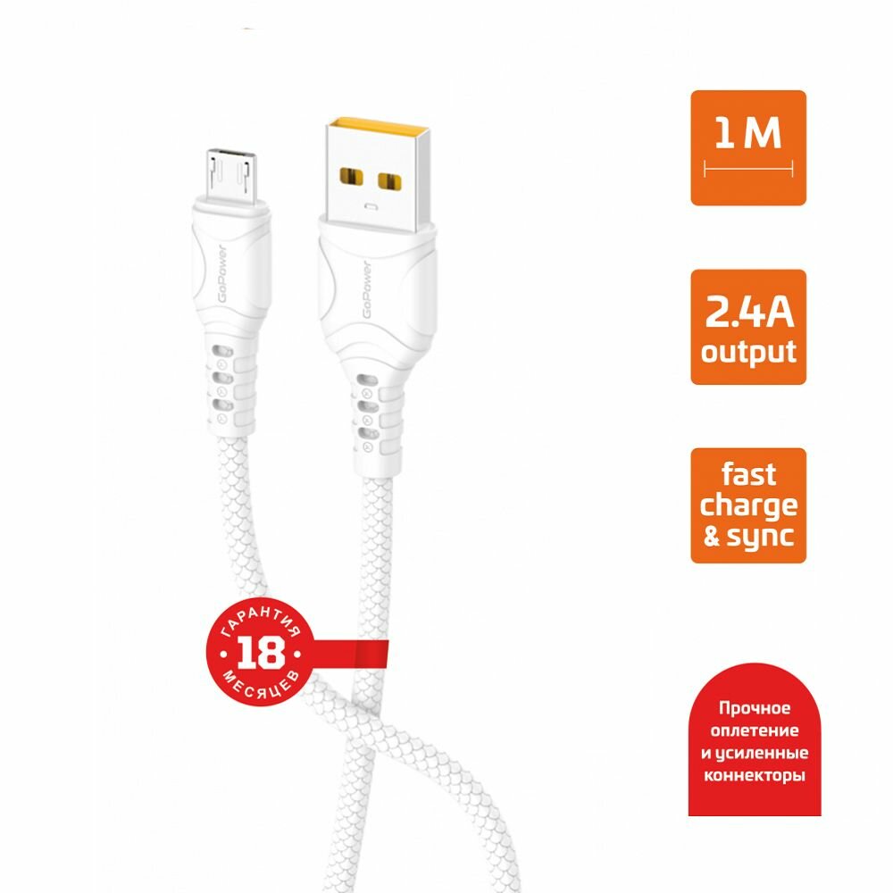 Кабель GoPower GP06M USB - microUSB 1м 2.4A ПВХ белый