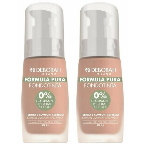 тональная основа матирующая deborah milano formula pura extra mat foundation тон 02 бежевый 30 мл Deborah Milano Тональная основа-лифтинг Formula Pura Fonfotinta, SPF 15, тон 0 Белоснежно-розовый, 30 мл, 2 шт