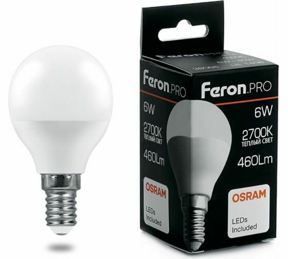 Светодиодная лампа FERON PRO LB-1406 Шарик E14 6W 2700K OSRAM LED 38065