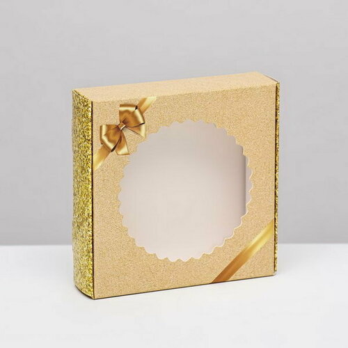 Коробка сборная с окном, "Золотой бант", 11.5 x 11.5 x 3 см