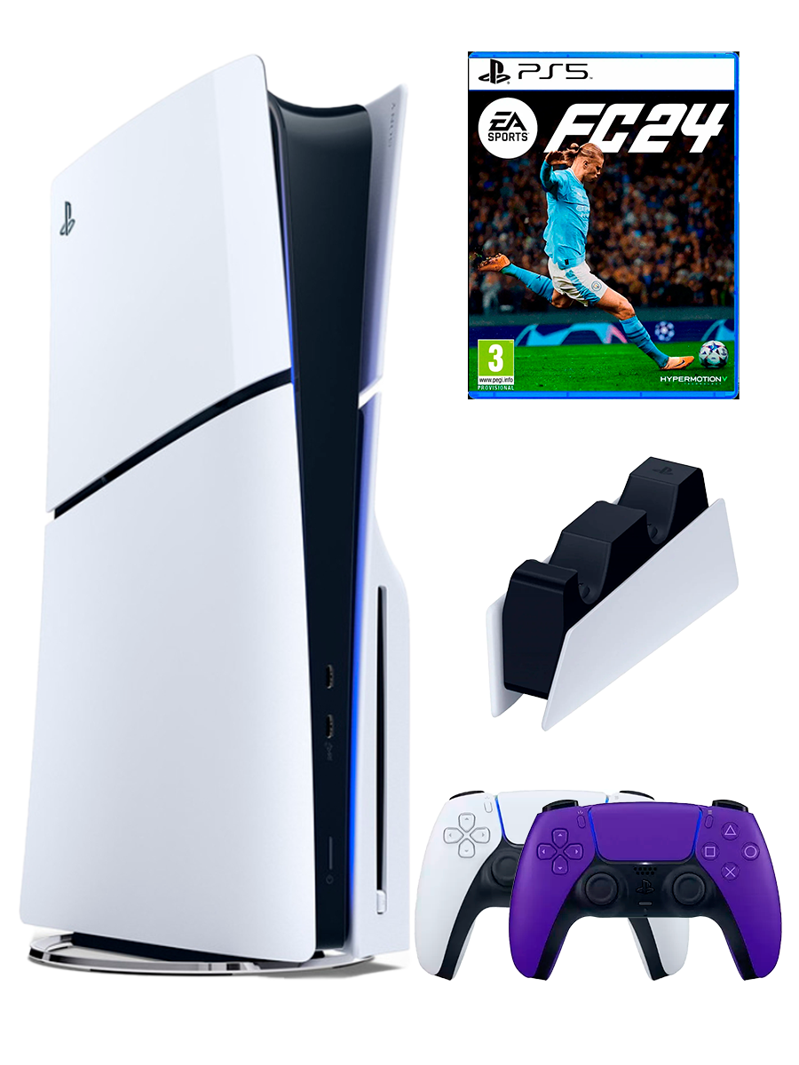 PS5 (ПС5) Игровая приставка Sony PlayStation 5 Slim disc + 2-й геймпад (фиолетовый)+ зарядное + игра FIFA 24