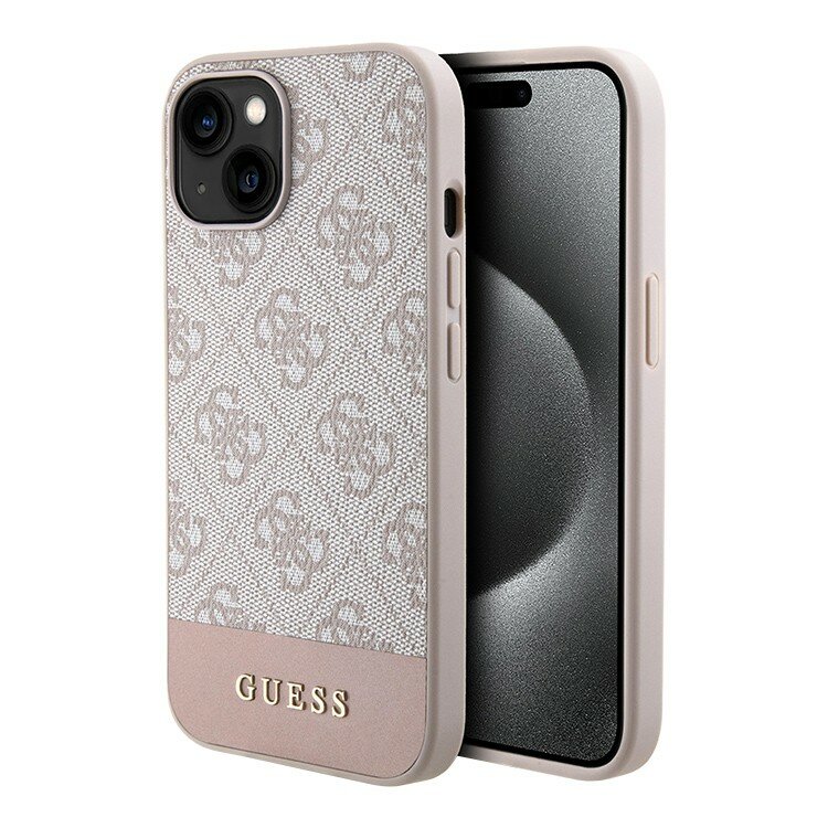 фото Guess для iPhone 15 чехол кожаный с узором 4G Bottom stripe Metal logo, розовый