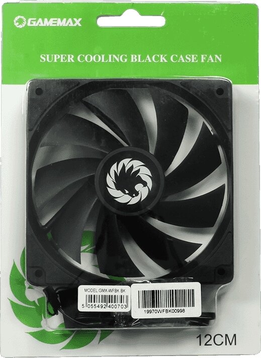 Кулер для корпуса ПК Gamemax GMX-WFBK-BK, 12CM black fan, black blade, 3pin+4Pin connector